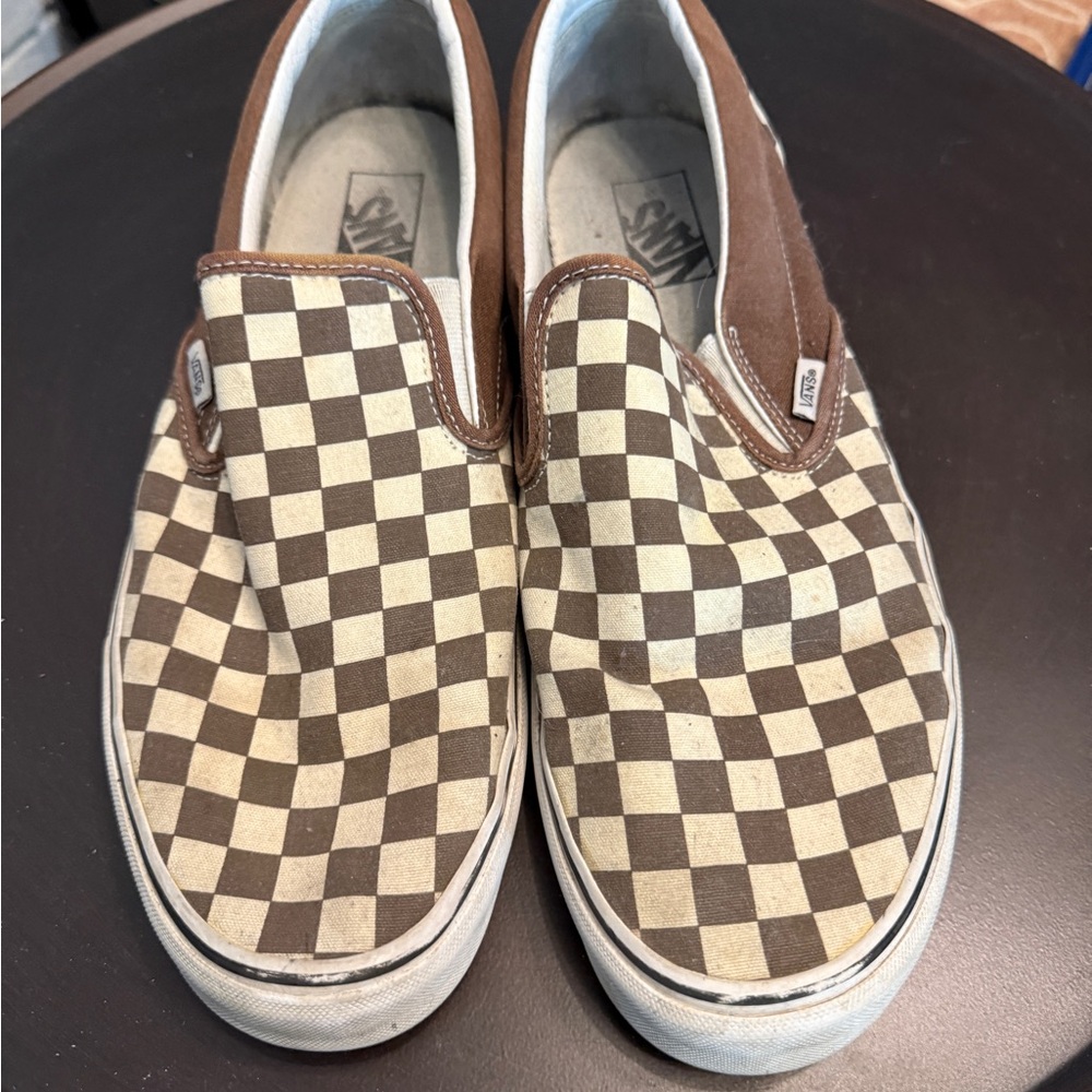 Vans Men's Brown and Cream Checkerboard Slip-On Sneakers